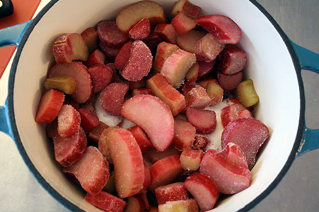 strawberries, rhubarb, and sugar in the pot