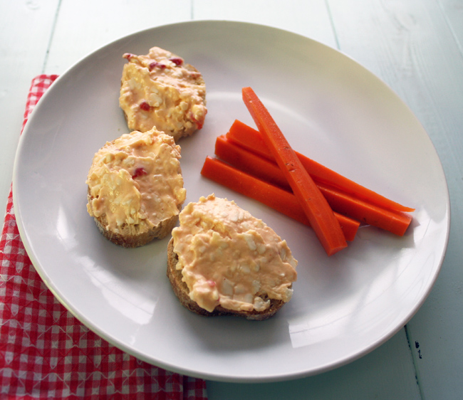 pimento cheese on baguette with pickled carrots