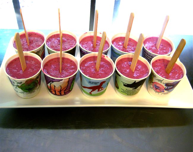 blackberry-cherry yogurt pops in dinosaur dixie cups