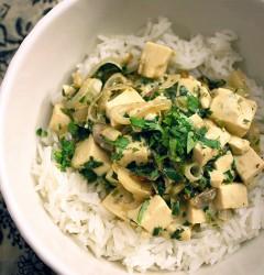 coconut tofu with ginger and lemongrass over rice