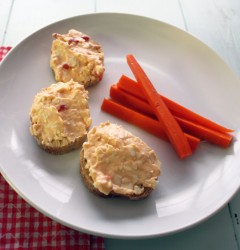 pimento cheese on baguette with pickled carrots
